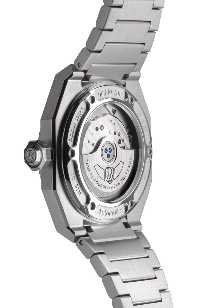 DWISS A1 - back picture showing the movement
SWISS MADE AUTOMATIC WRIST WATCH
68 hours power reserve and solid Super LumiNova® blocks
Dimension: 40 mm diameter wide, lug to lug 45,5 mm, 10,8 mm thickness.
Movement: Swiss made automatic movement
La Joux-Perret G100 Soigné
Number of jewels: 24,
Frequency 4Hz – 28’800
Power reserve 68 hours
Case: 316L Stainless Steel.