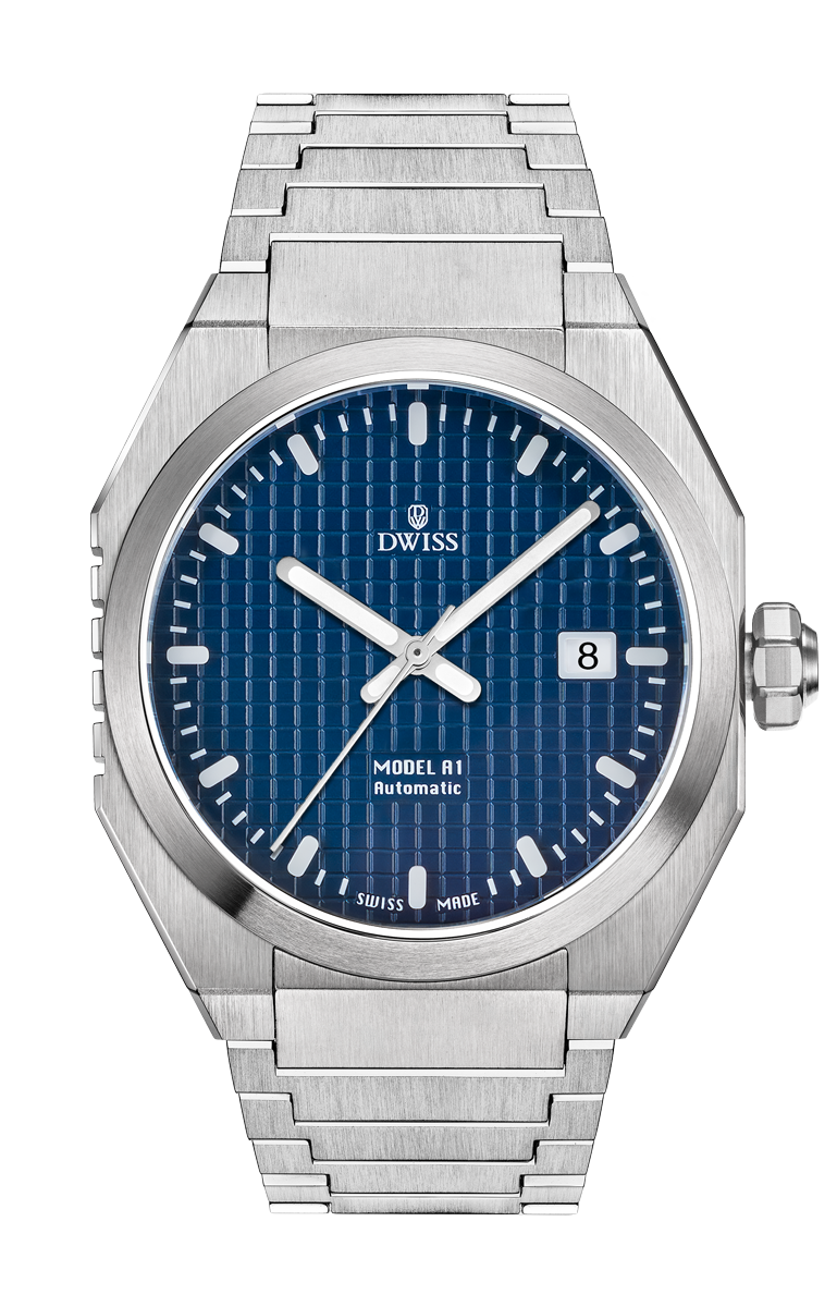 DWISS A1 - Blue front picture
SWISS MADE AUTOMATIC WRIST WATCH
68 hours power reserve and solid Super LumiNova® blocks
Dimension: 40 mm diameter wide, lug to lug 45,5 mm, 10,8 mm thickness.
Movement: Swiss made automatic movement
La Joux-Perret G100 Soigné
Number of jewels: 24,
Frequency 4Hz – 28’800
Power reserve 68 hours
Case: 316L Stainless Steel.
Dial: Tapesserie Blue with Super LumiNova® C1 X1 BL blocks
Luminous: Hands, Indexes and date window.
Glass (crystal): Sapphire crystal