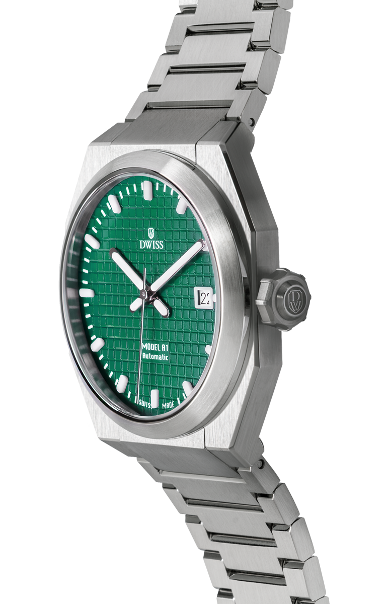 DWISS A1 - green dial 3/4 picture
SWISS MADE AUTOMATIC WRIST WATCH
68 hours power reserve and solid Super LumiNova® blocks
Dimension: 40 mm diameter wide, lug to lug 45,5 mm, 10,8 mm thickness.
Movement: Swiss made automatic movement
La Joux-Perret G100 Soigné
Number of jewels: 24,
Frequency 4Hz – 28’800
Power reserve 68 hours
Case: 316L Stainless Steel.
Dial: Tapesserie green with Super LumiNova® C1 X1 BL blocks
Luminous: Hands, Indexes and date window.
Glass (crystal): Sapphire crystal