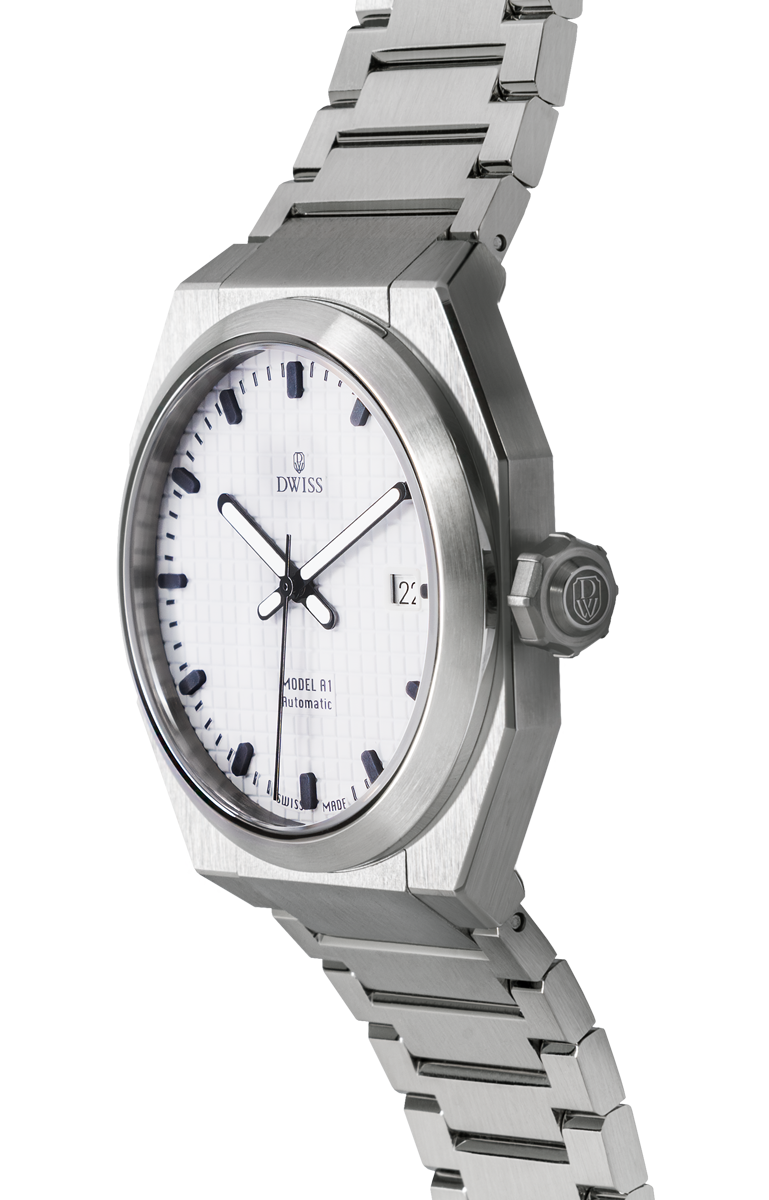 DWISS A1 - White dial 3/4 picture
SWISS MADE AUTOMATIC WRIST WATCH
68 hours power reserve and solid Super LumiNova® blocks
Dimension: 40 mm diameter wide, lug to lug 45,5 mm, 10,8 mm thickness.
Movement: Swiss made automatic movement
La Joux-Perret G100 Soigné
Number of jewels: 24,
Frequency 4Hz – 28’800
Power reserve 68 hours
Case: 316L Stainless Steel.
Dial: Tapesserie White with Super LumiNova® C1 X1 BL blocks
Luminous: Hands, Indexes and date window.
Glass (crystal): Sapphire crystal
