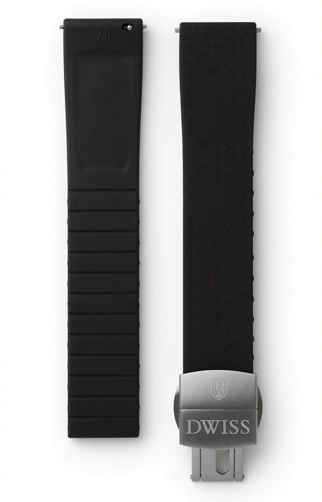 CTS (cut to size) FKM rubber strap for DWISS model S1, with stainless steel buckle. Colour black