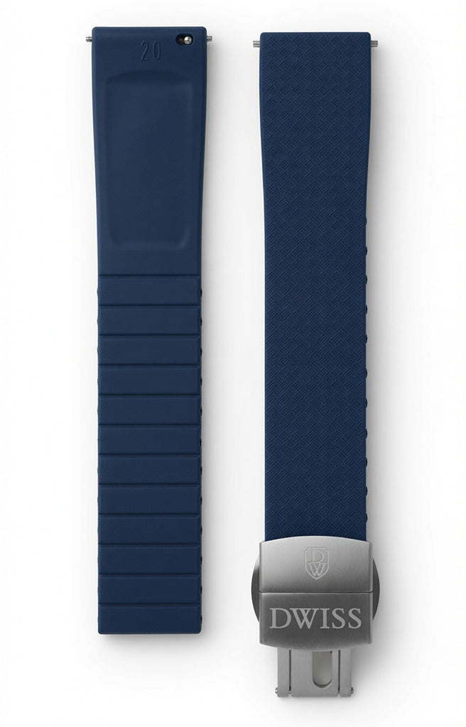 CTS (cut to size) FKM rubber strap for DWISS model S1, with stainless steel buckle. Colour dark blue