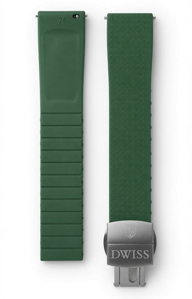CTS (cut to size) FKM rubber strap for DWISS model S1, with stainless steel buckle. Colour green