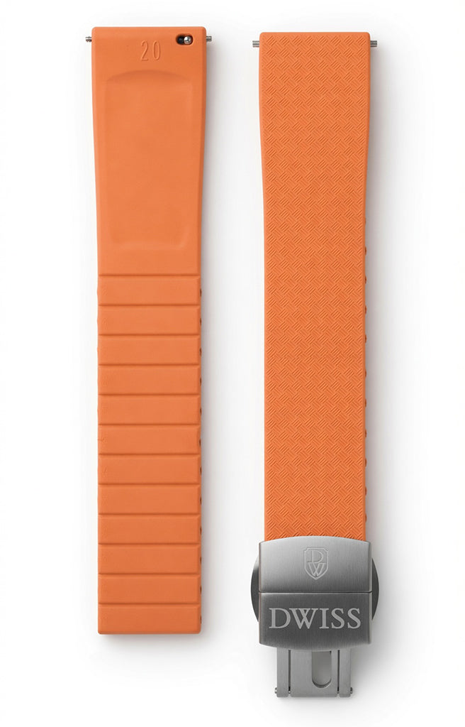 CTS (cut to size) FKM rubber strap for DWISS model S1, with stainless steel buckle. Colour orange