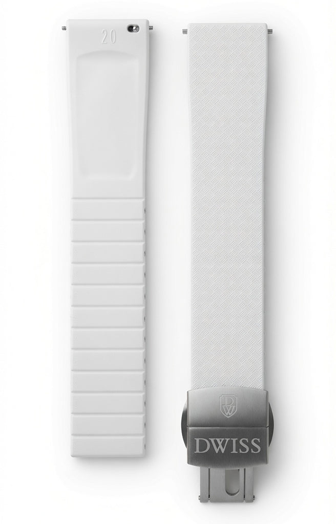 CTS (cut to size) FKM rubber strap for DWISS model S1, with stainless steel buckle. Colour white