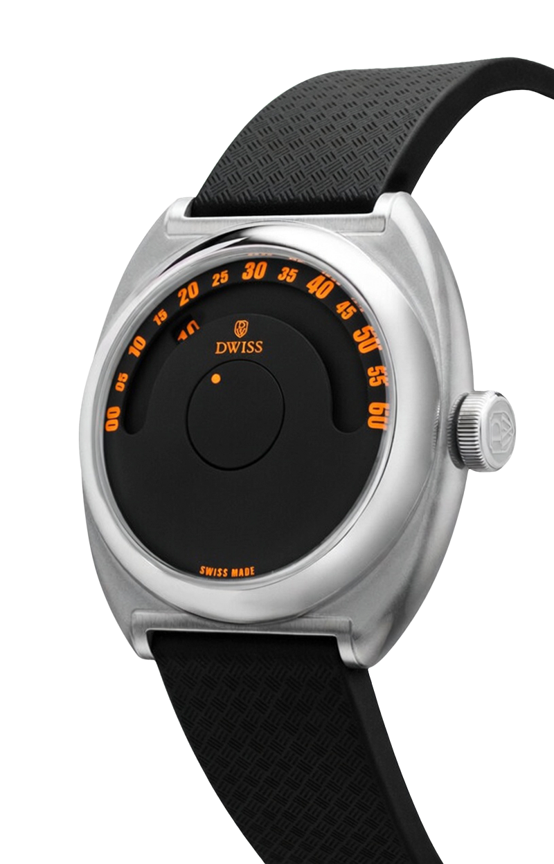 DWISS S1 Wandering Hours circular brushed silver dial, angle view. Indie Swiss microbrand with La Joux-Perret 68h power reserve, independent watchmaking