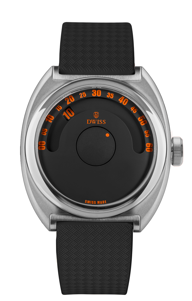 DWISS S1 Wandering Hours black dial with orange numbers, front view. Indie Swiss microbrand with La Joux-Perret 68h power reserve, independent watchmaking