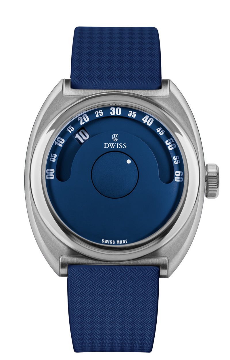 DWISS S1 Wandering Hours Blue dial, front view. Indie Swiss microbrand with La Joux-Perret 68h power reserve, independent watchmaking
