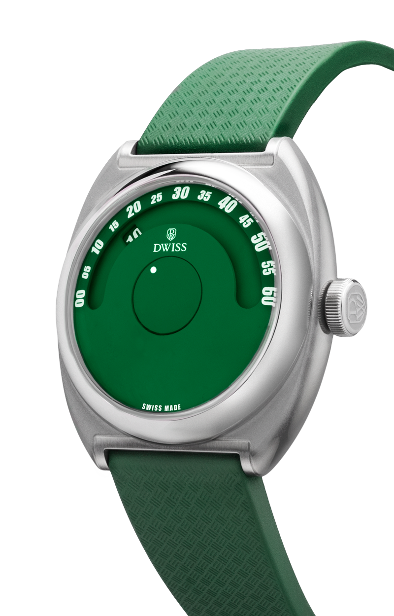 DWISS S1 Wandering Hours green dial, angle view. Indie Swiss microbrand with La Joux-Perret 68h power reserve, independent watchmaking
