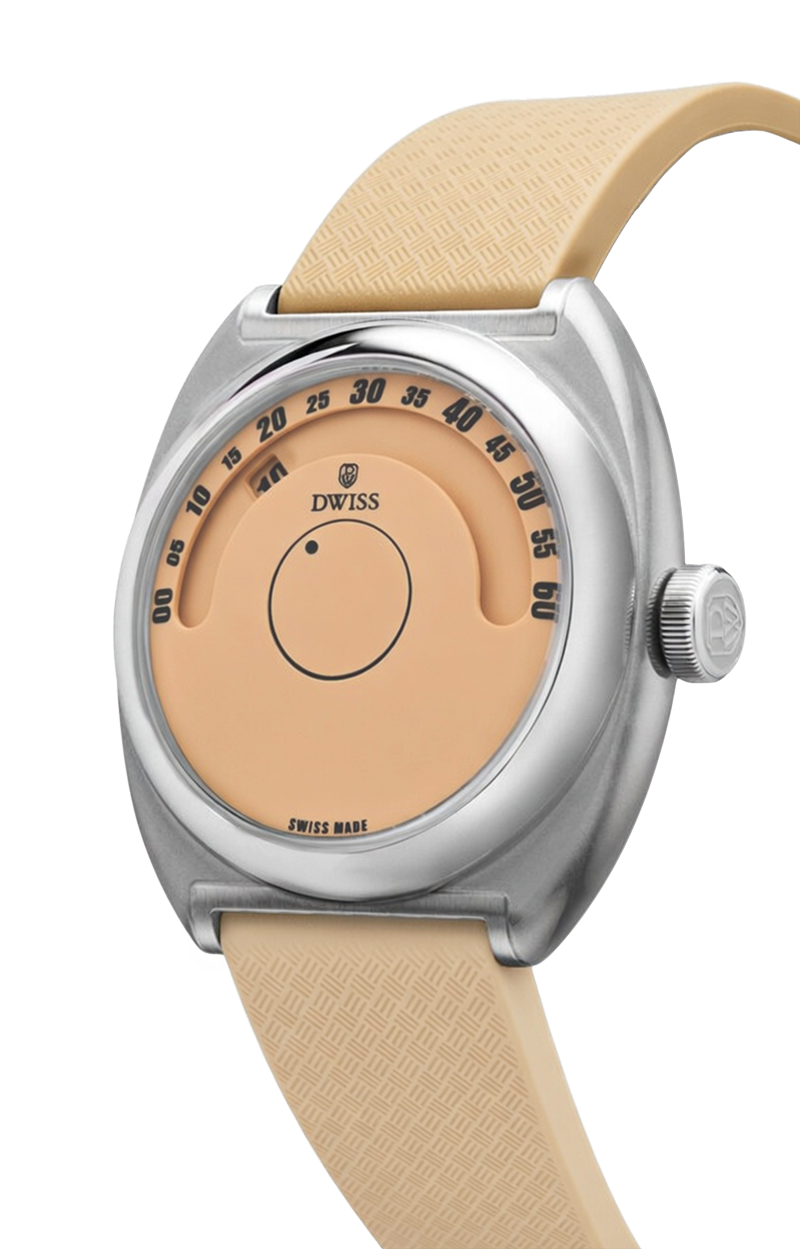 DWISS S1 Wandering Hours Salmon dial, angle view. Indie Swiss microbrand with La Joux-Perret 68h power reserve, independent watchmaking