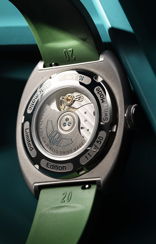 DWISS S1 green wandering hours watch case side view Swiss Made