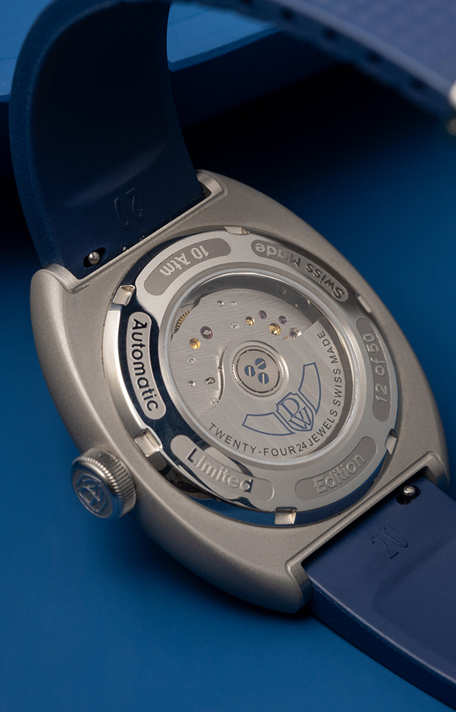 DWISS S1 Wandering Hours blue cushion case side profile Swiss Made