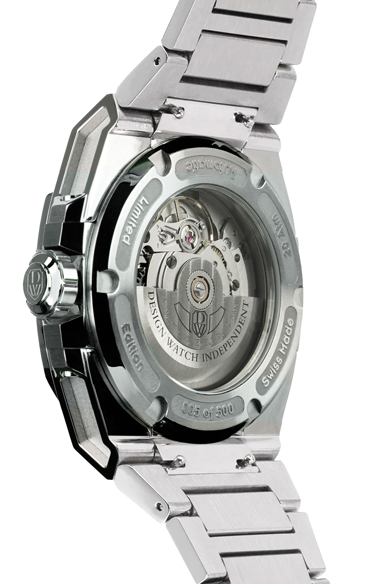 M3S back view - swiss made watch with DWISS signature mysterious hours easy interchangeable bracelet using sellita SW200-1 movement