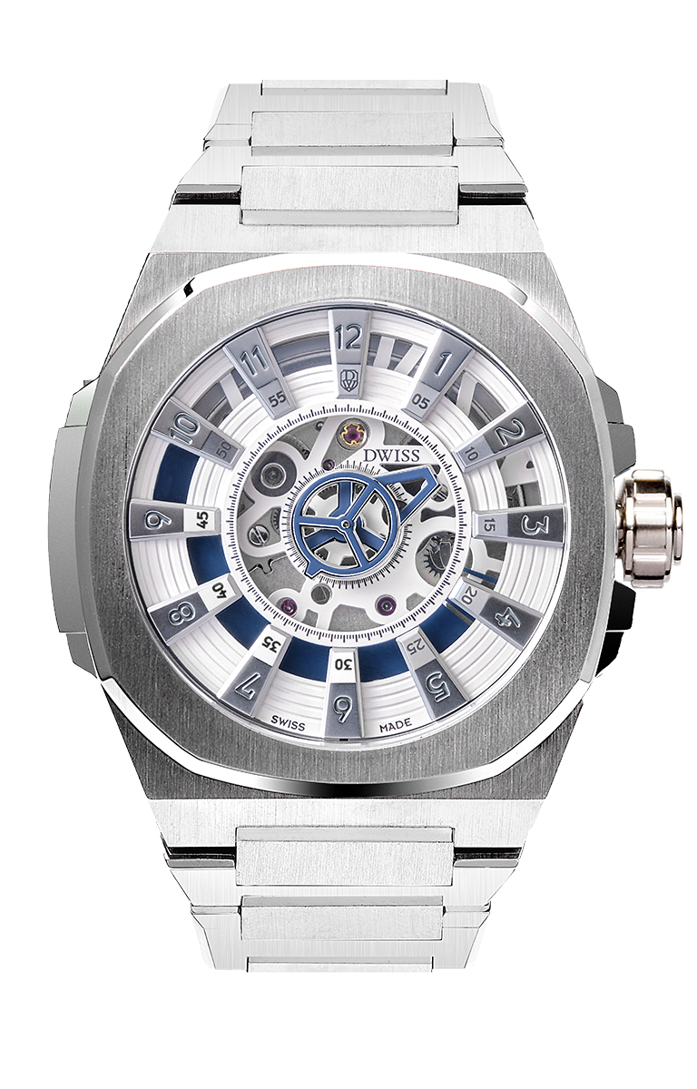 M3S white and blue dial - swiss made watch with DWISS signature mysterious hours easy interchangeable bracelet using sellita SW200-1 movement