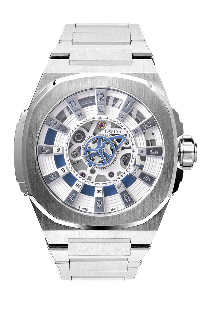 M3S blue - swiss made watch with DWISS signature mysterious hours easy interchangeable metal bracelet using sellita SW200-1 movement