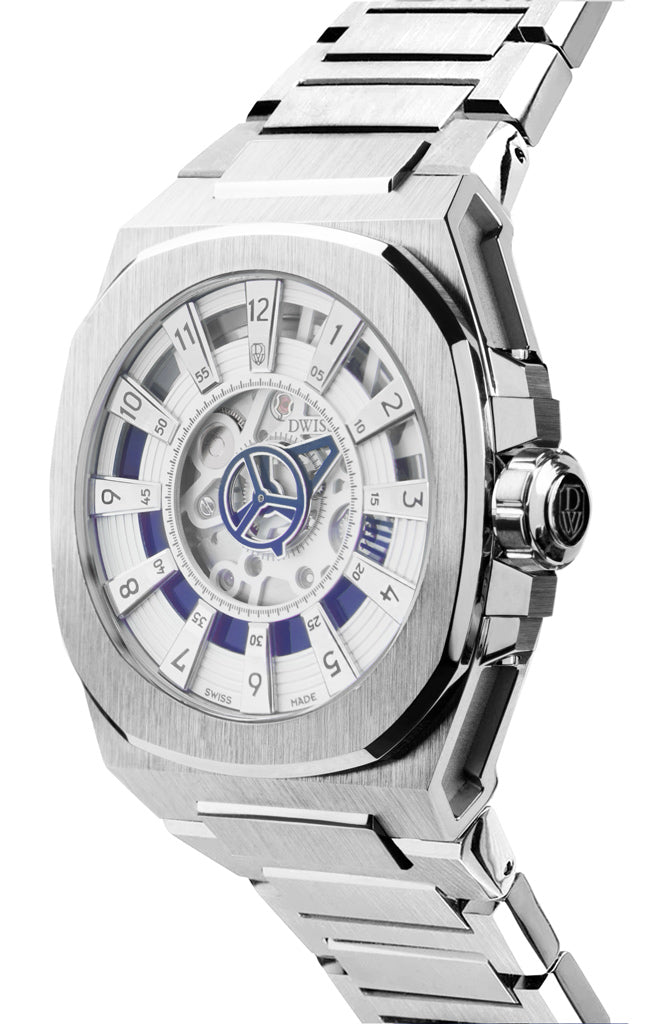 M3S blue - swiss made watch with DWISS signature mysterious hours easy interchangeable metal bracelet using sellita SW200-1 movement
