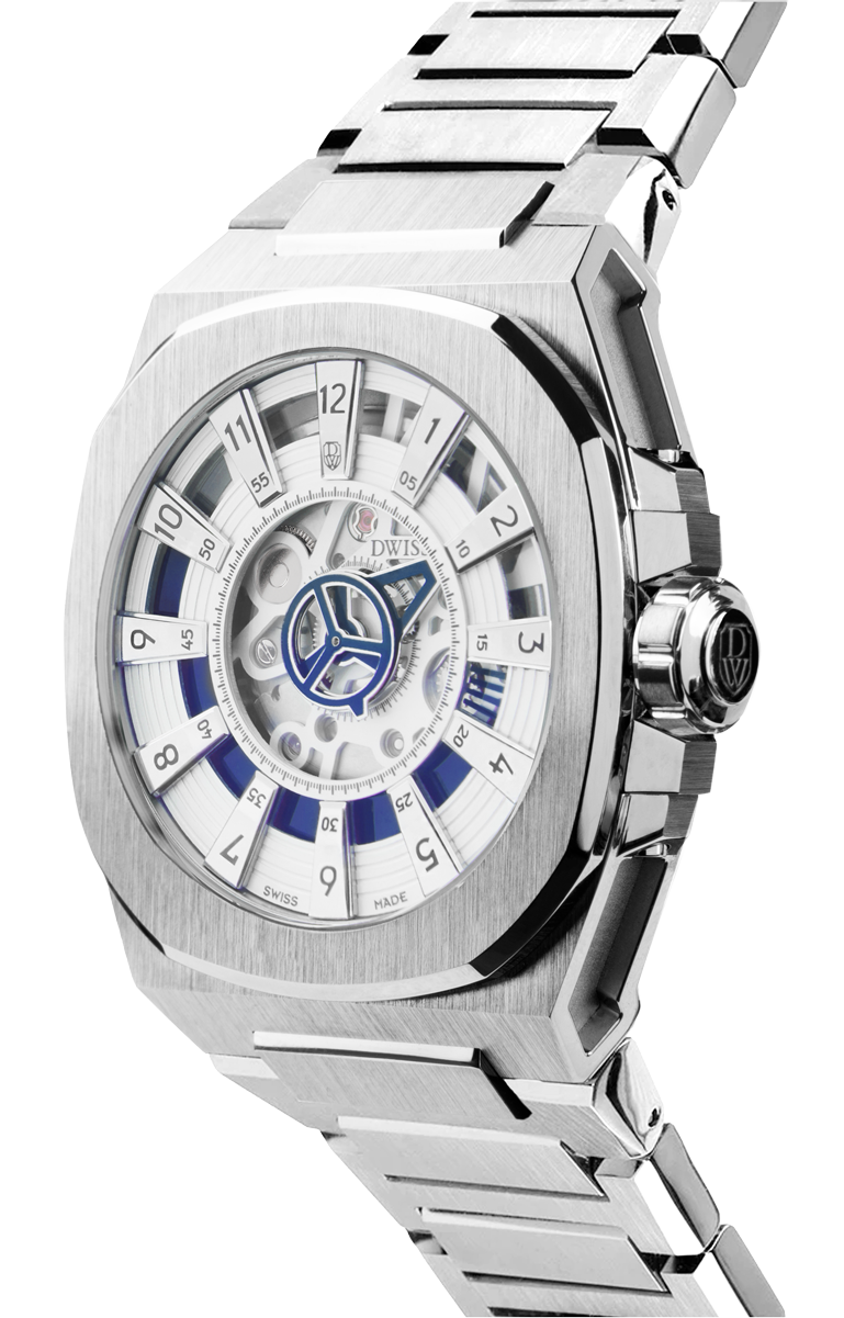 M3S white and blue dial - swiss made watch with DWISS signature mysterious hours easy interchangeable bracelet using sellita SW200-1 movement 3/4 view