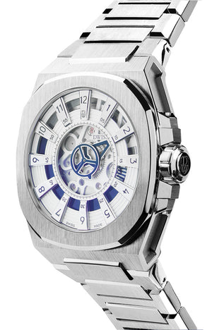 DWISS M3S Automatic Swiss Made watch with mysterious hours White blue. SWISS MADE AUTOMATIC WRIST WATCH WITH DWISS SIGNATURE MYSTERIOUS HOURS. 3/4 front