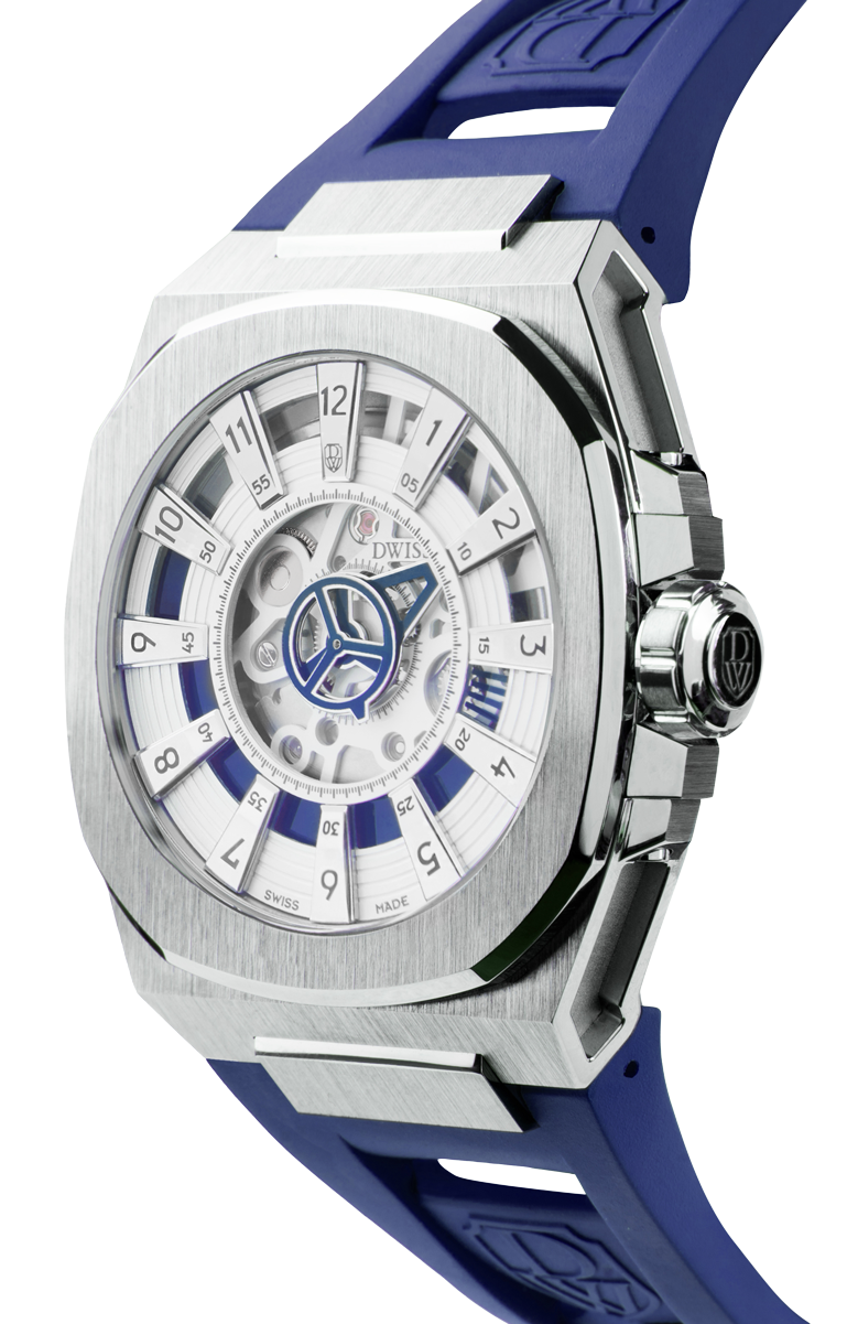 M3S white and blue dial - swiss made watch with DWISS signature mysterious hours easy interchangeable strap using sellita SW200-1 movement 3/4 view