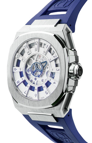 DWISS M3S Automatic Swiss Made watch with mysterious hours White Blue SWISS MADE AUTOMATIC WRIST WATCH WITH DWISS SIGNATURE MYSTERIOUS HOURS. 3/4 front