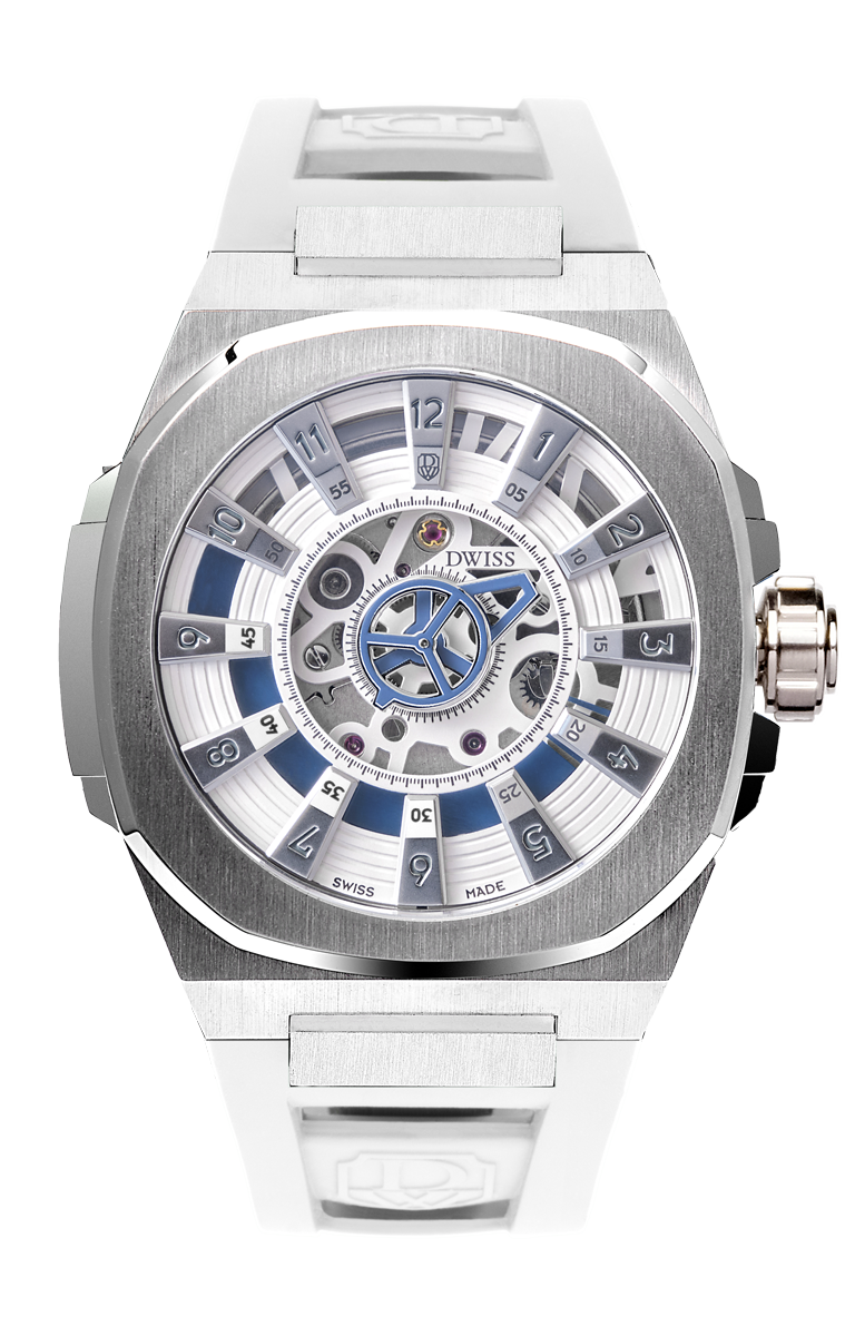 M3S white and blue dial - swiss made watch with DWISS signature mysterious hours easy interchangeable blue strap using sellita SW200-1 movement