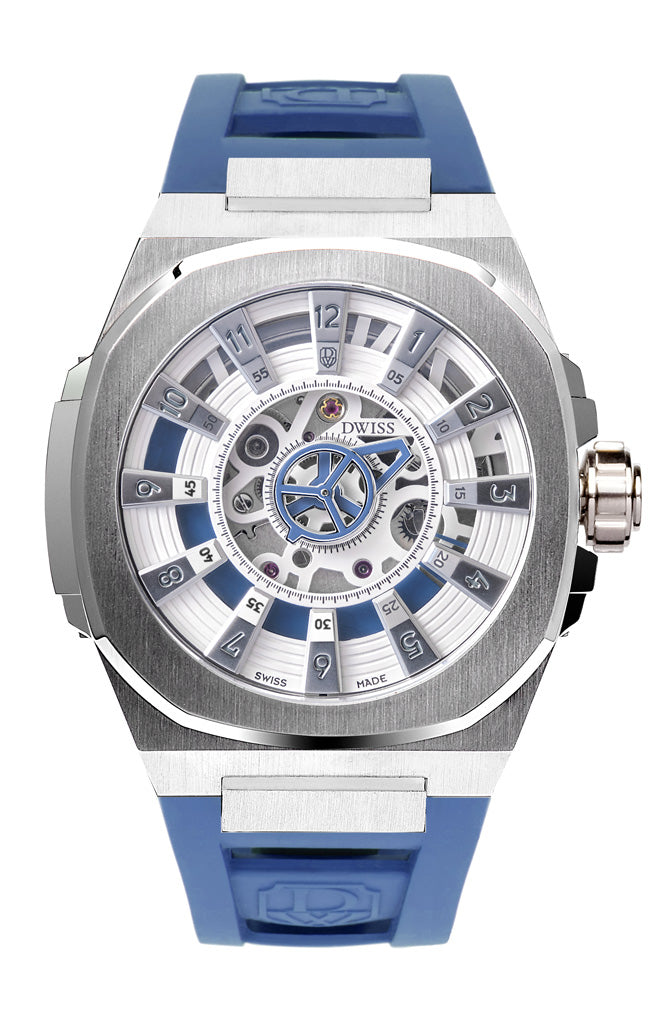 DWISS M3S Automatic Swiss Made watch with mysterious hours White Blue SWISS MADE AUTOMATIC WRIST WATCH WITH DWISS SIGNATURE MYSTERIOUS HOURS.