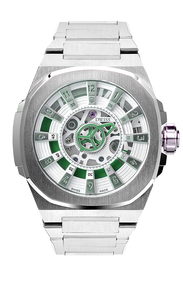 M3S white and green dial - swiss made watch with DWISS signature mysterious hours easy interchangeable bracelet using sellita SW200-1 movement