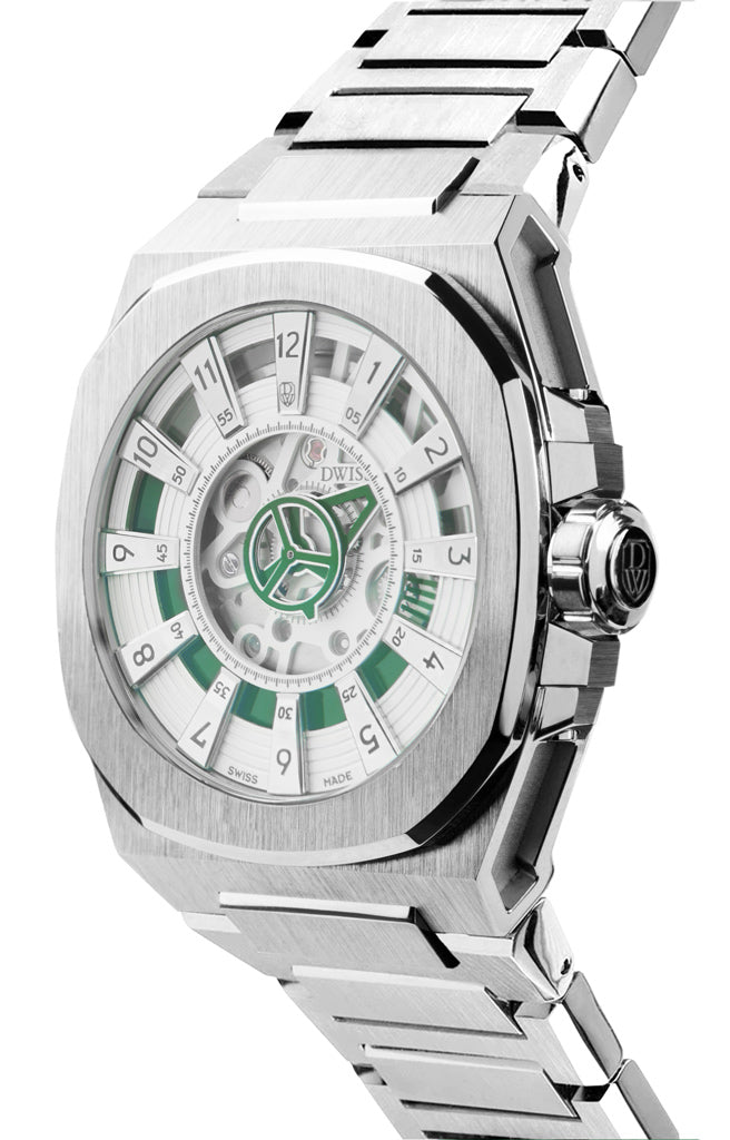 M3S green - swiss made watch with DWISS signature mysterious hours easy interchangeable metal bracelet using sellita SW200-1 movement