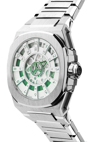 DWISS M3S Automatic Swiss Made watch with mysterious hours White Green with bracelet SWISS MADE AUTOMATIC WRIST WATCH WITH DWISS SIGNATURE MYSTERIOUS HOURS. 3/4 front