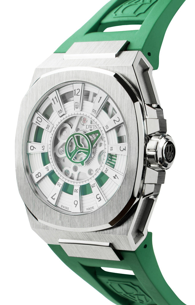 M3S swiss made watch with DWISS signature mysterious hours FKM green easy interchangeable rubber straps using sellita SW200-1 movement