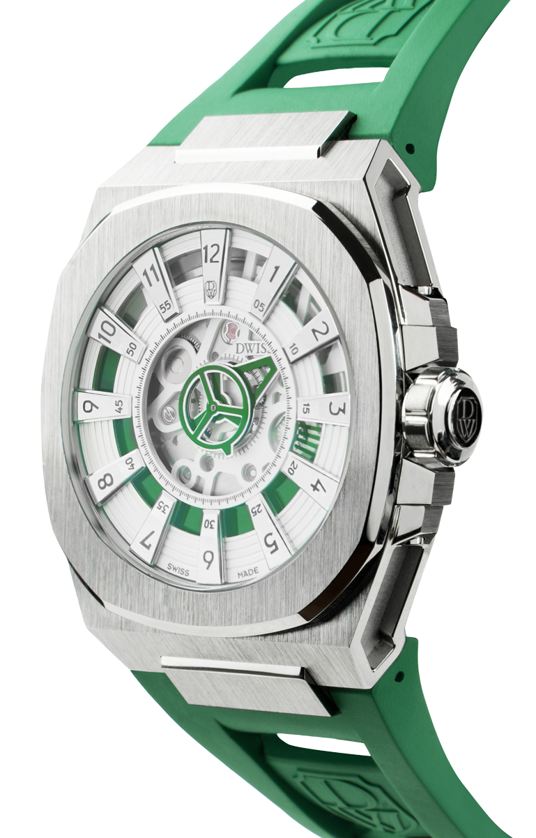 M3S white and green dial - swiss made watch with DWISS signature mysterious hours easy interchangeable strap using sellita SW200-1 movement 3/4 view