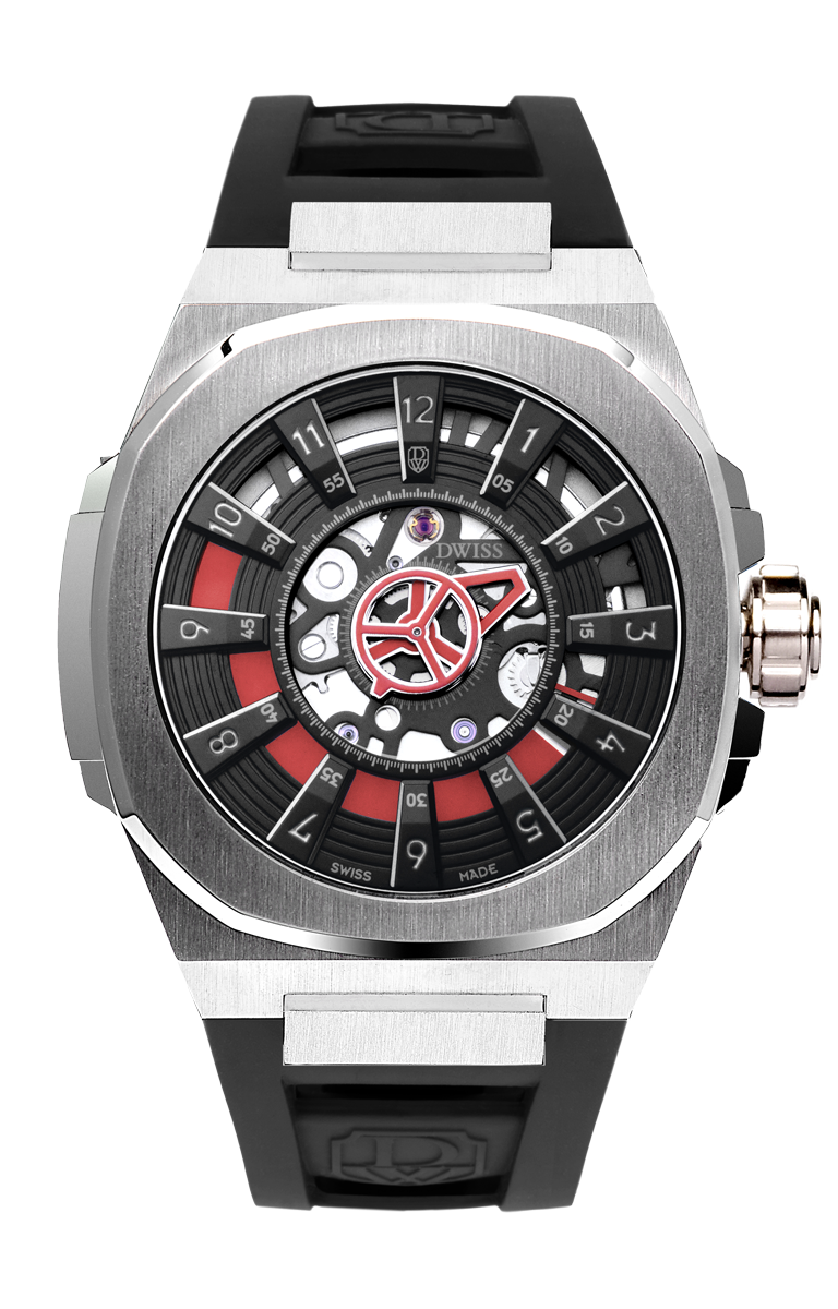 M3S black and red dial - swiss made watch with DWISS signature mysterious hours easy interchangeable black strap using sellita SW200-1 movement