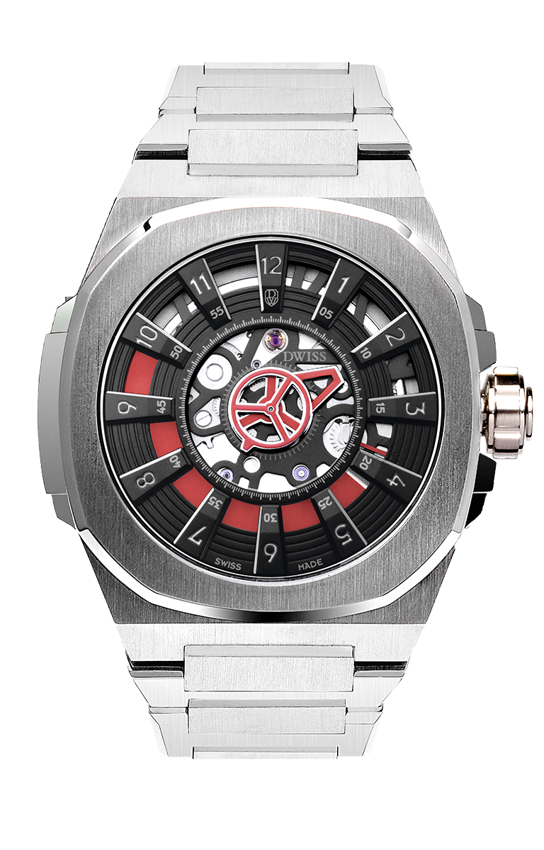 M3S red and black dial - swiss made watch with DWISS signature mysterious hours easy interchangeable strap using sellita SW200-1 movement