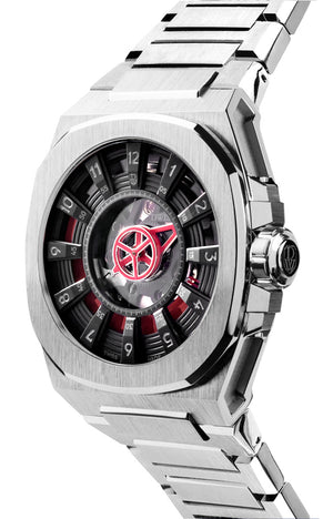 DWISS M3S Automatic Swiss Made watch with mysterious hours Black red with bracelet SWISS MADE AUTOMATIC WRIST WATCH WITH DWISS SIGNATURE MYSTERIOUS HOURS. 3/4 front