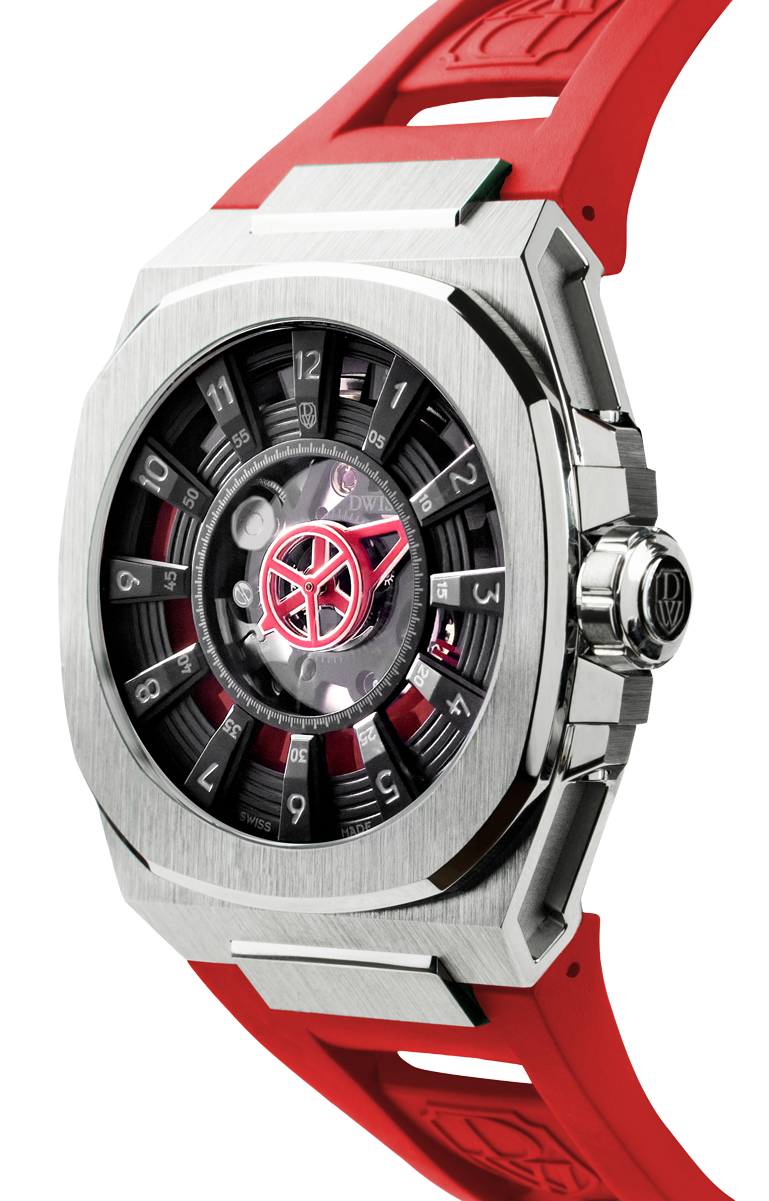 M3S black and red dial - swiss made watch with DWISS signature mysterious hours easy interchangeable strap using sellita SW200-1 movement 3/4 view
