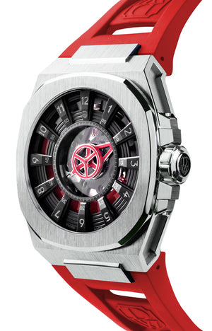 DWISS M3S Automatic Swiss Made watch with mysterious hours Black red SWISS MADE AUTOMATIC WRIST WATCH WITH DWISS SIGNATURE MYSTERIOUS HOURS. 3/4 front