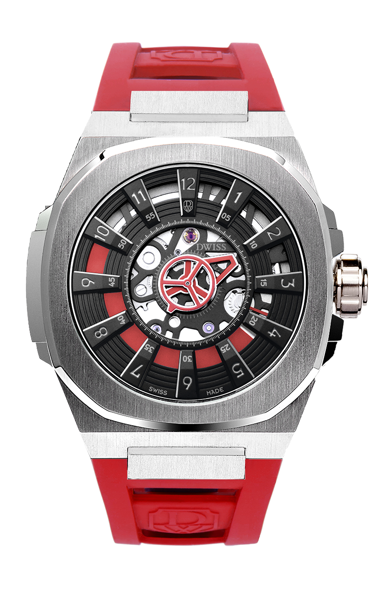 M3S black and red dial - swiss made watch with DWISS signature mysterious hours easy interchangeable strap using sellita SW200-1 movement