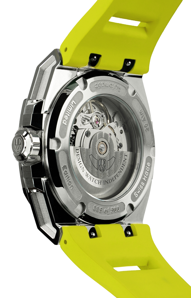 M3S yellow - swiss made watch with DWISS signature mysterious hours easy interchangeable strap using sellita SW200-1 movement back view