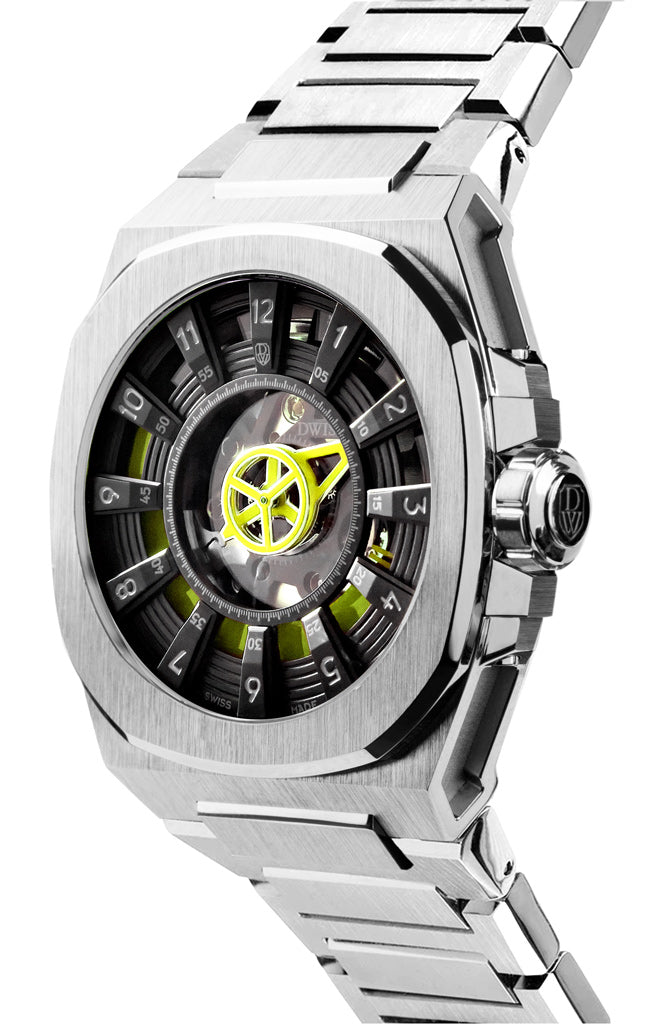 DWISS M3S Automatic Swiss Made watch with mysterious hours Black yellow with bracelet SWISS MADE AUTOMATIC WRIST WATCH WITH DWISS SIGNATURE MYSTERIOUS HOURS. 3/4 front