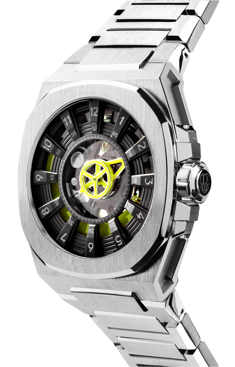 M3S black and yellow dial - swiss made watch with DWISS signature mysterious hours easy interchangeable bracelet using sellita SW200-1 movement 3/4 view