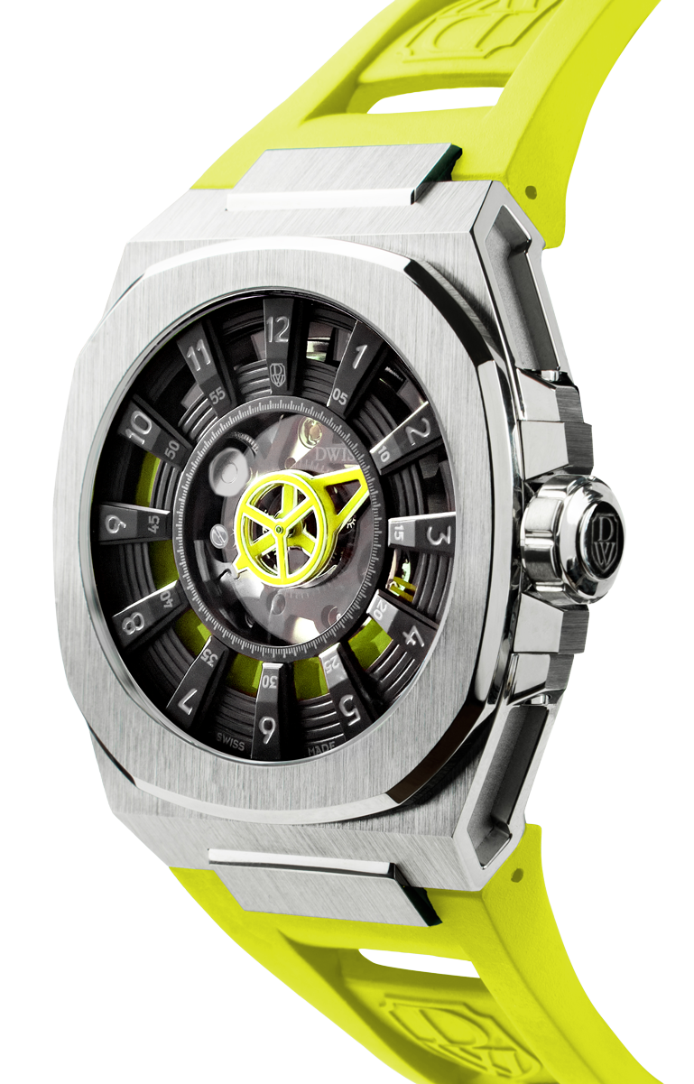 M3S black and yellow dial - swiss made watch with DWISS signature mysterious hours easy interchangeable strap using sellita SW200-1 movement 3/4 view