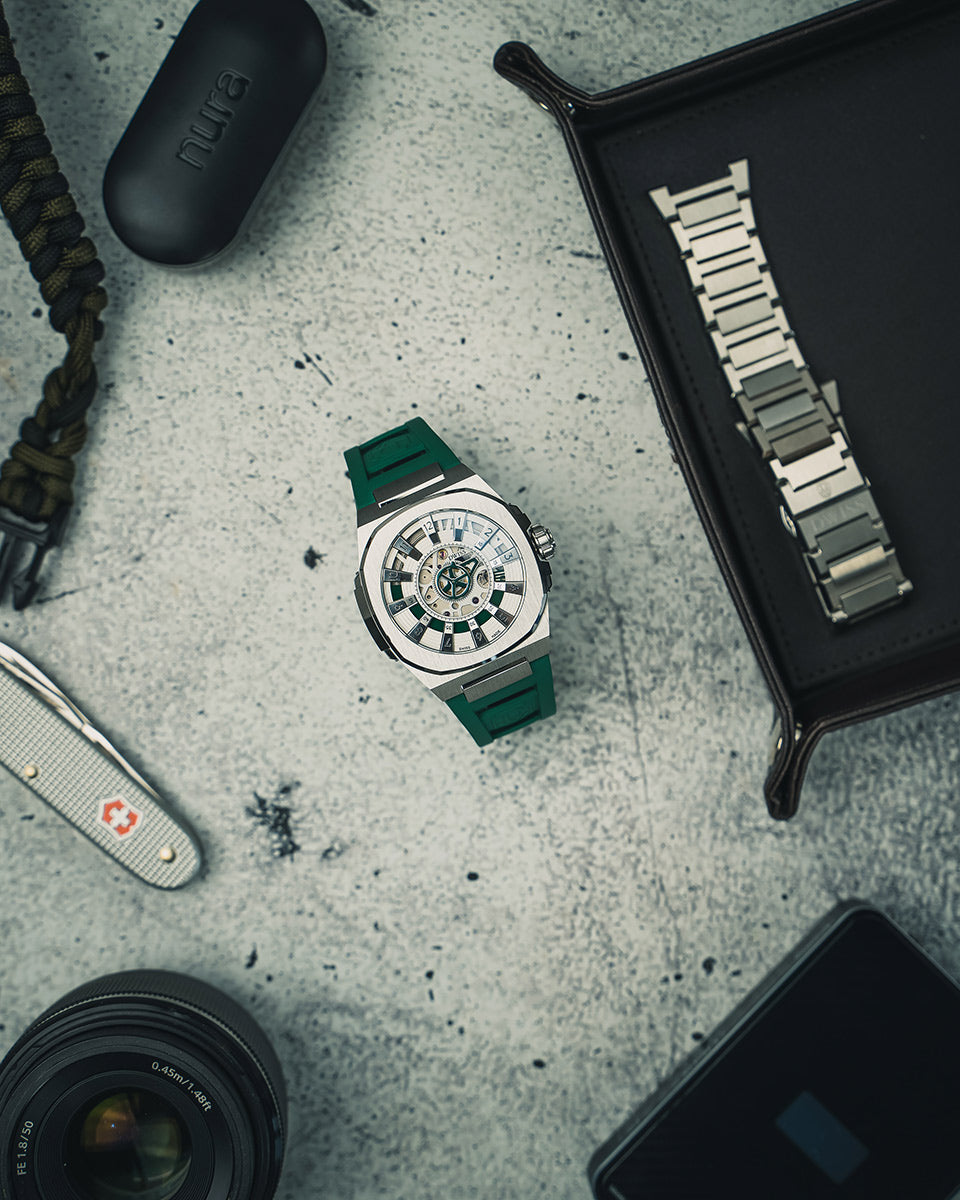 DWISS M3S with green strap with DWISS signature hours swiss made automatic watch with Sellita SW200-1 movement from the most design awarded swiss microbrand: DWISS