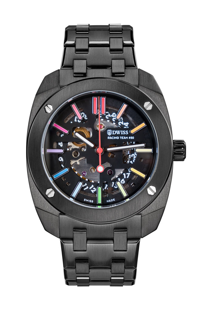 RT#80 Racing team 80, swiss made watch using Peseux F324 automatic movement with metal bracelet, black PVD case, rainbow dial Swiss Super-LumiNova®