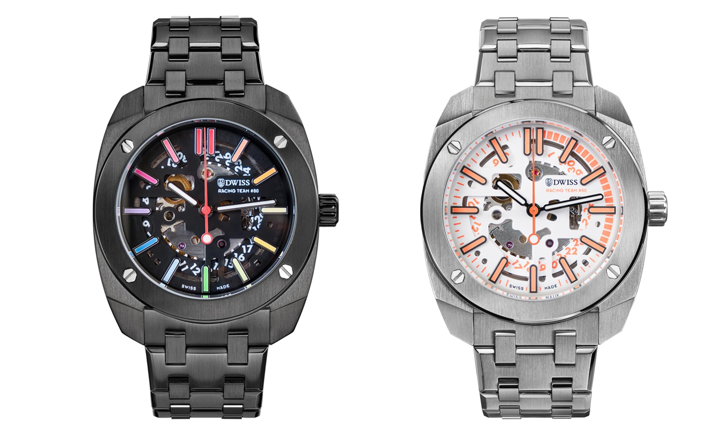 In collaboration with the DWISS Racing Team #80, these exclusive timepieces feature a specially developed Swiss Super-LumiNova®. Choose between the striking black dial with rainbow indexes or the elegant white dial with orange indexes that glow pink with Swiss Super-LumiNova®.
Powered by the Swiss-made automatic movement caliber Peseux F324, each watch is fully decorated with “perlage” and “côtes de Genève”. With a water resistance of 10 ATM and a double-domed sapphire crystal.