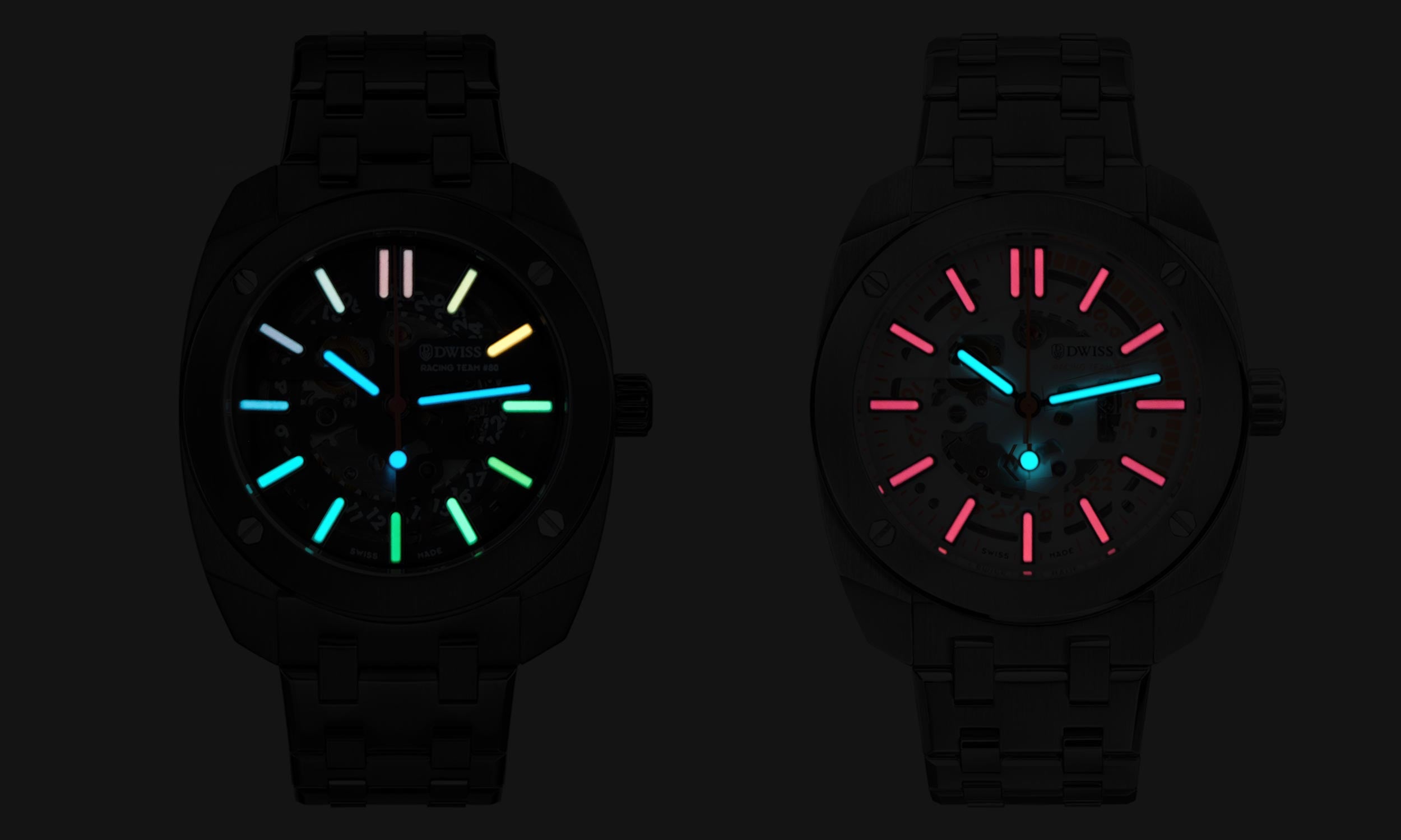 In collaboration with the DWISS Racing Team #80, these exclusive timepieces feature a specially developed Swiss Super-LumiNova®. Choose between the striking black dial with rainbow indexes or the elegant white dial with orange indexes that glow pink with Swiss Super-LumiNova®.
Powered by the Swiss-made automatic movement caliber Peseux F324, each watch is fully decorated with “perlage” and “côtes de Genève”. With a water resistance of 10 ATM and a double-domed sapphire crystal.