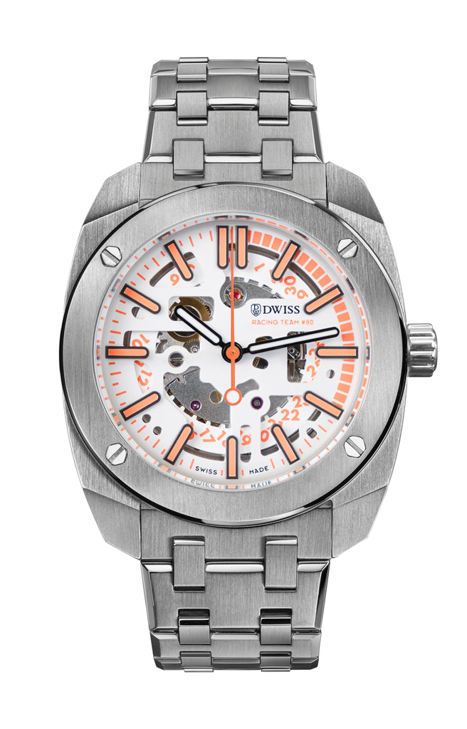 RT#80 Racing team 80, swiss made watch using Peseux F324 automatic movement with metal bracelet, Exclusive pink Swiss Super-LumiNova®