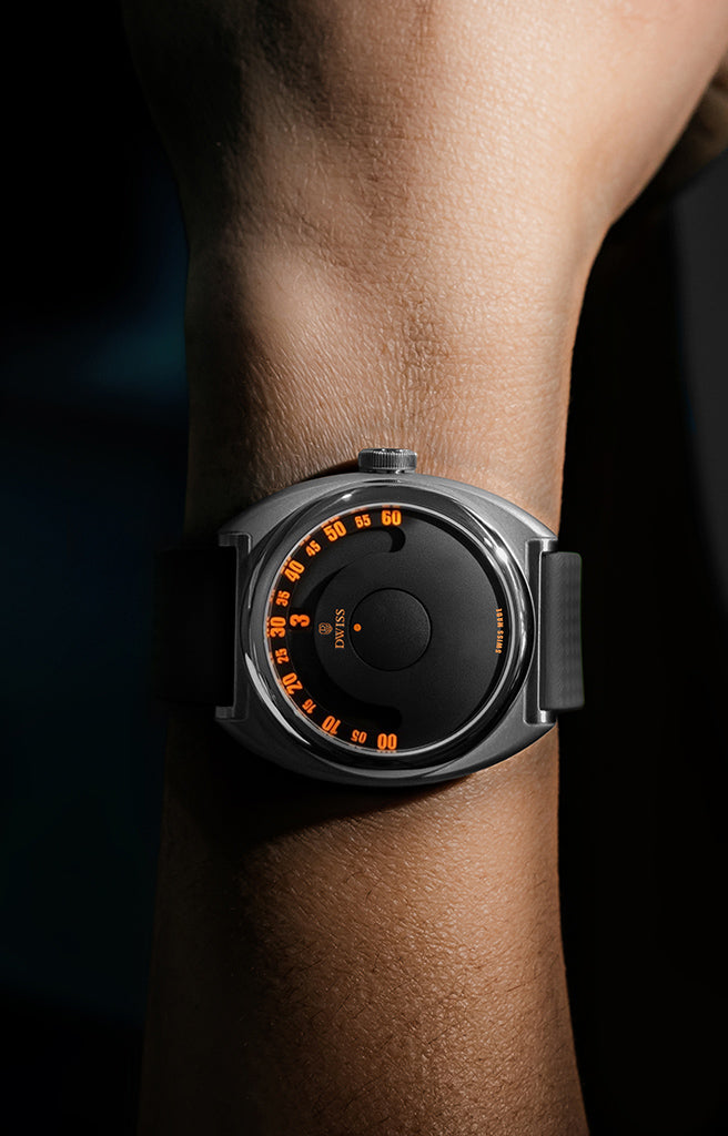 DWISS S1 black wandering hours Swiss Made watch on a lady wrist lifestyle