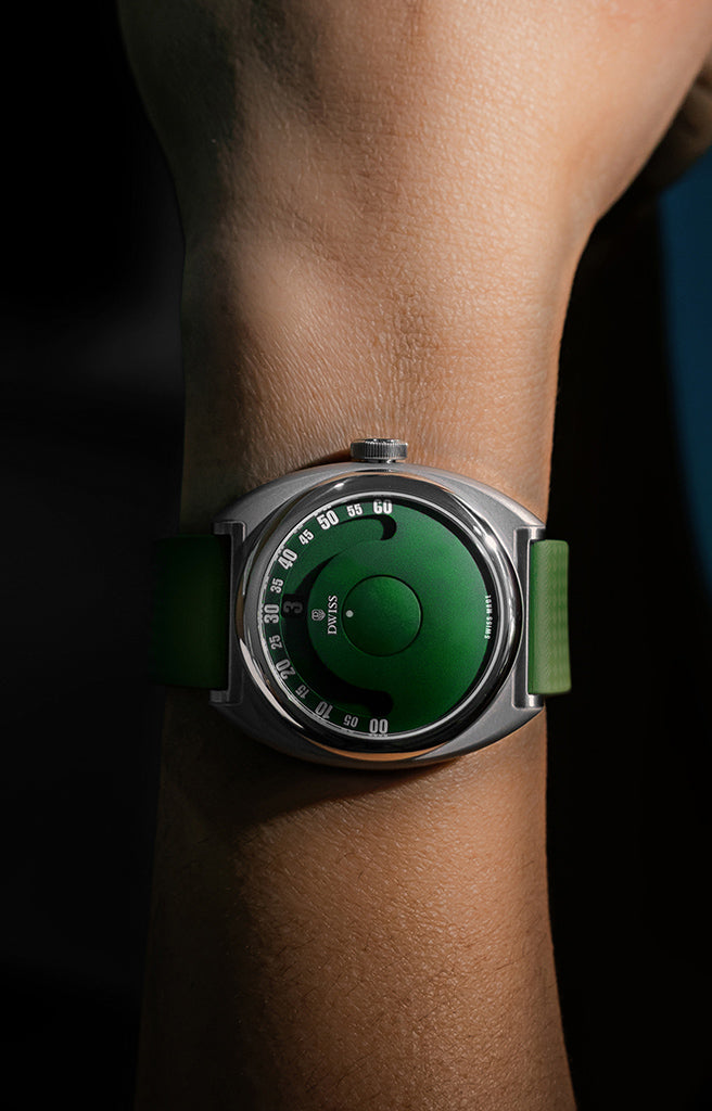 DWISS S1 green Swiss Made wandering hours watch woman wrist close-up