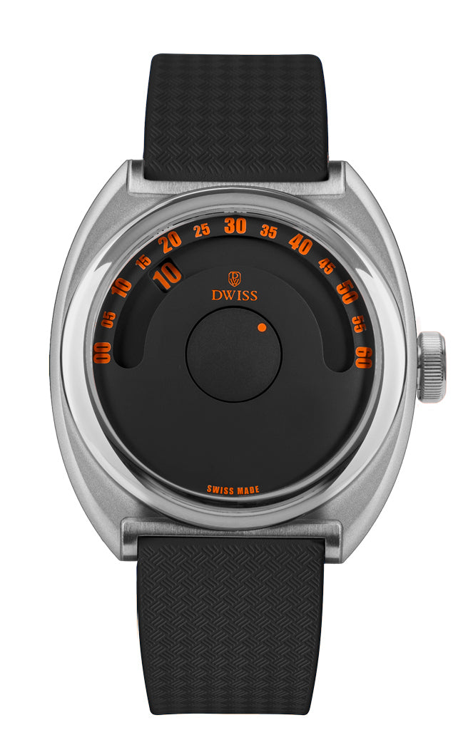 DWISS S1 Wandering hours with seconds, in black colour and orange numbers - front picture