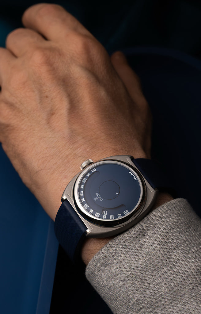 DWISS S1 blue wandering hours Swiss Made automatic watch on wrist